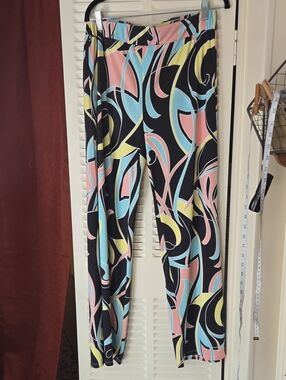 Passport Black Wide-Leg Pants with Pink, Blue & Yellow Abstract Print